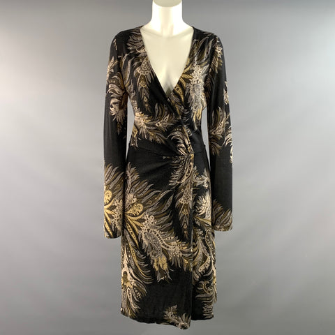 ETRO Size 6 Black Cream Wool Blend Paisley V Neck Knee Length Dress
