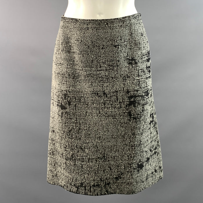 PRADA Size 8 Black Grey Linen Silk Jacquard Pencil Knee Length Skirt