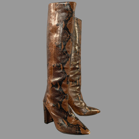 PARIS TEXAS Size 11 Brown Black Leather Snake Embossed Pointed Toe Boots