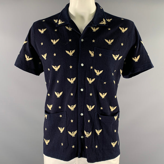 RRL by RALPH LAUREN Size XL Navy Cream Animal Print Cotton Short Sleeve Shirt