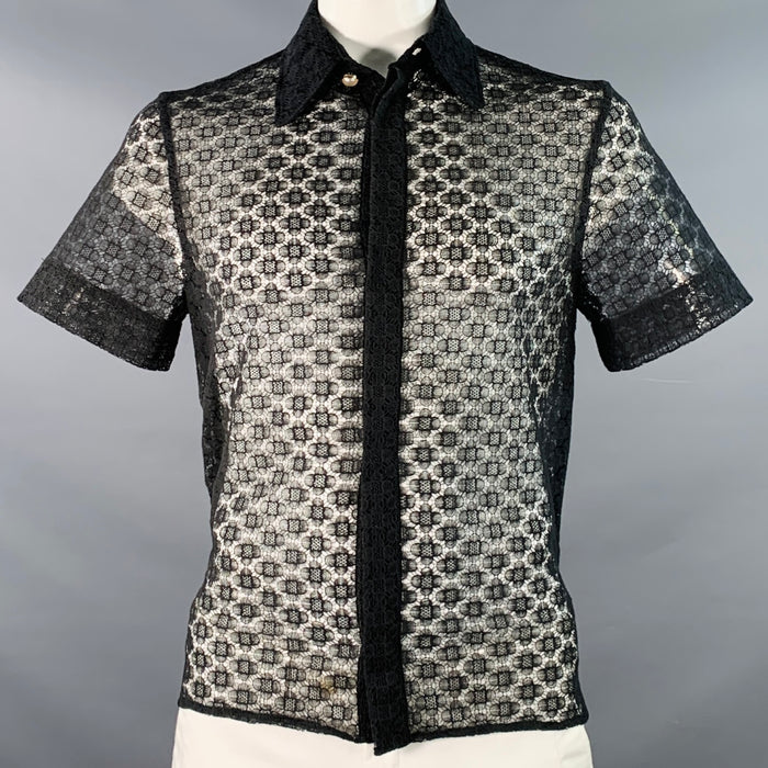 CASABLANCA Size L Black Lace Hidden Placket Short Sleeve Shirt