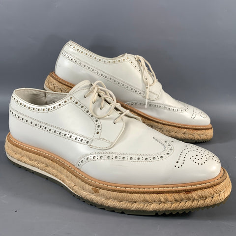 PRADA Size 8.5 White Perforated Leather Wingtip Lace Up Shoes