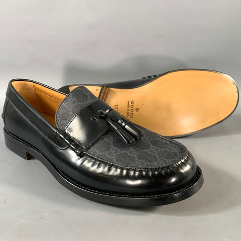 GUCCI 2023 Size 10.5 Black Monogram Leather Tassels Loafers