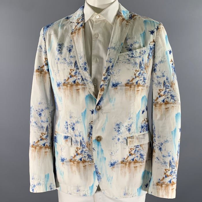 D&G by DOLCE & GABBANA Size 44 White Blue Brown Tropical Print Cotton Sport Coat