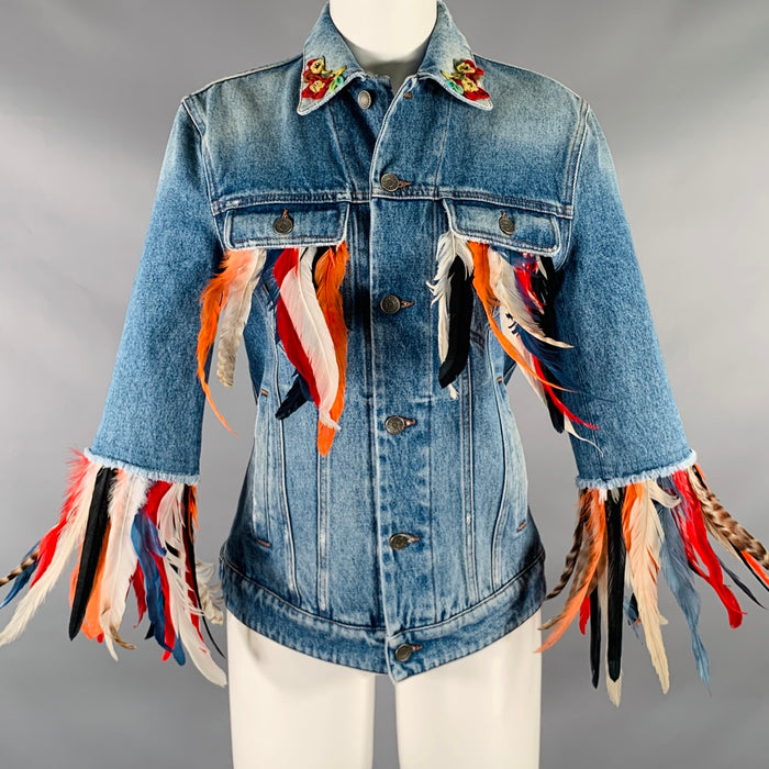 DOLCE & GABBANA Size XS Blue Multi-Color Cotton Feathers Denim Jacket