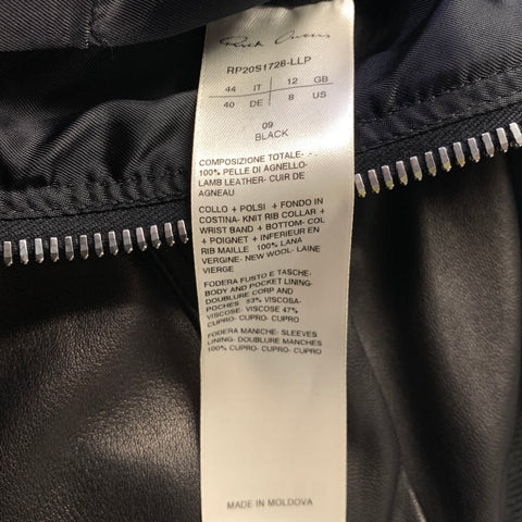 RICK OWENS SS2020 Size 8 Black Leather Zip Up Jacket