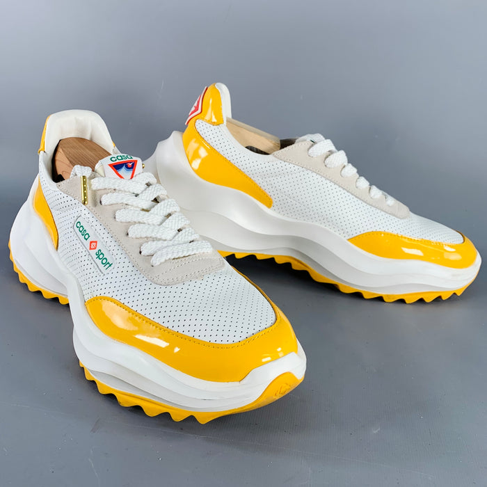 CASABLANCA Size 10.5 White Yellow Perforated Leather Lace-Up Color Block Sneakers