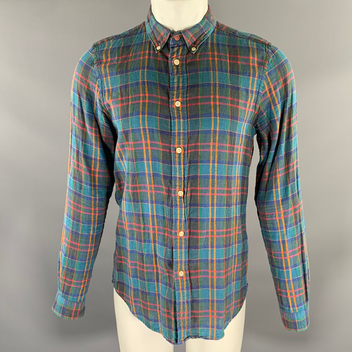 PS by PAUL SMITH Size M Blue Multi-Color Plaid Linen Cotton Long Sleeve Shirt