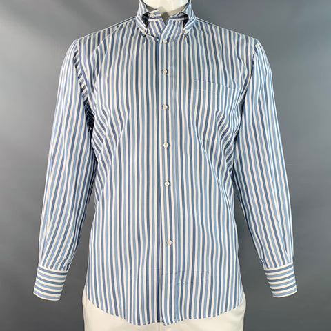 LORO PIANA Size XL Blue White Stripe Cotton One Pocket Long Sleeve Shirt