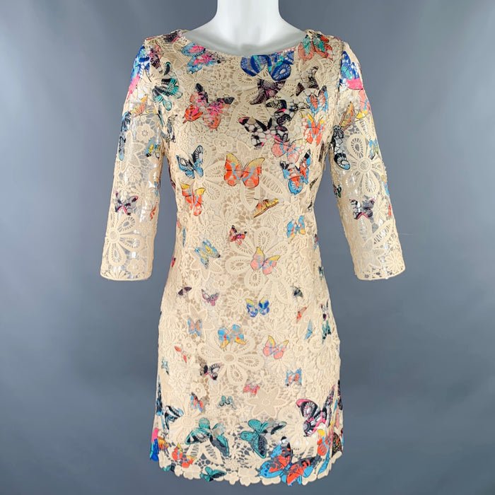 CELINE Size S Cream Multi Color Butterflies Lace Knee Length Dress