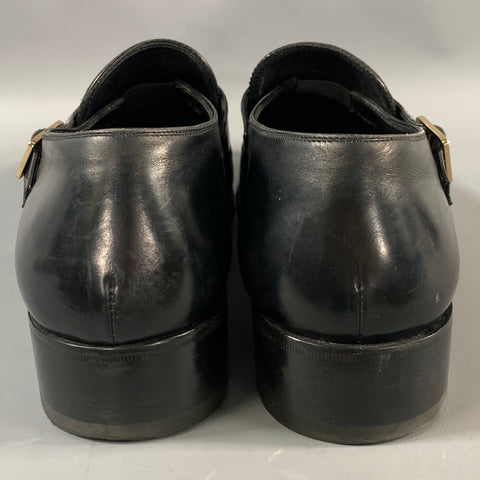 TOM FORD FW2020 Size 8 Black Gold J0107 T Leather Monk Strap Loafers