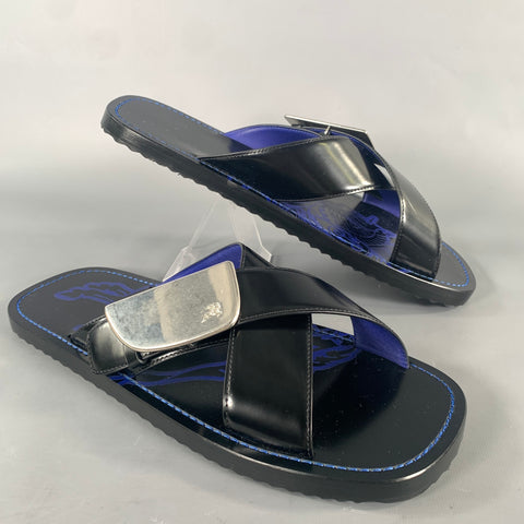 BURBERRY Size 10 Black Blue ITCALFRA5SAN Contrast Stitch Leather Slide Sandals
