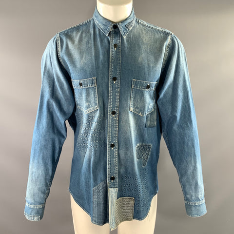 FDMTL Size M Blue Patchwork Cotton Button Up Long Sleeve Shirt