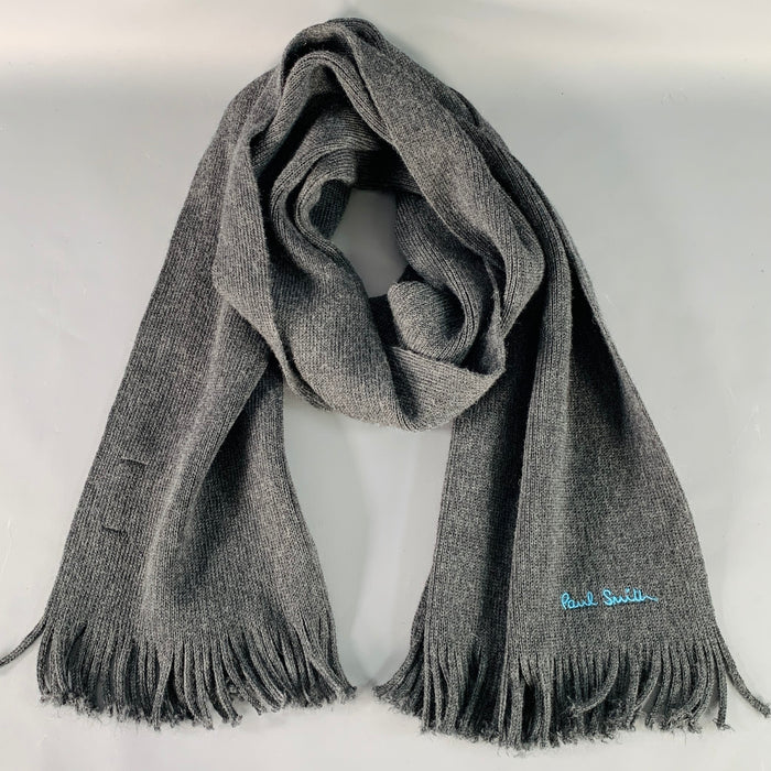 PAUL SMITH Grey Blue Embroidered Wool Knit Fringe Scarf