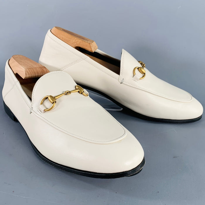 GUCCI Size 8.5 Cream Gold Leather Horsebit Slip On Loafers Flats
