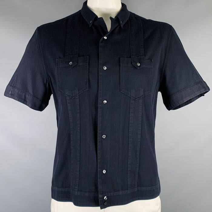 DOLCE & GABBANA Size XL Navy Cotton Patch Pockets Short Sleeve Shirt