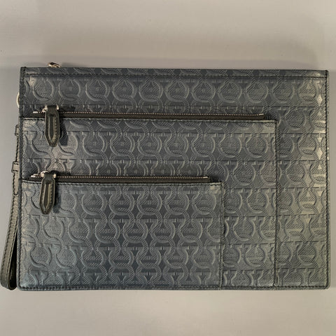 FERRAGAMO Navy Monogram Leather Wristlet Bag
