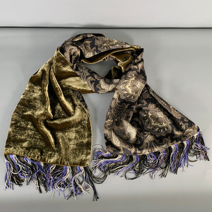 ETRO Grey Green Paisley Velvet Silk Fringe Scarf