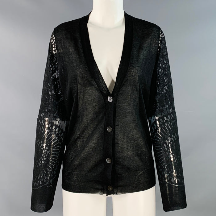 DRIES VAN NOTEN Size M Black Viscose Blend Circles Lace V-Neck Cardigan