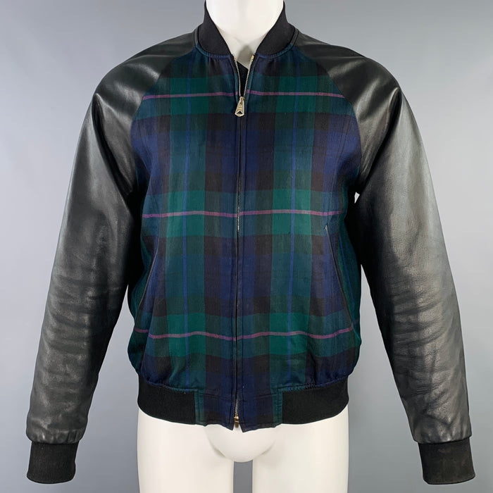 PAUL SMITH Size M Black Green Blue Plaid Leather Trim Bomber Jacket