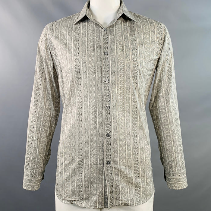 PAUL SMITH Size L White Black Paisley Cotton Spread Collar Long Sleeve Shirt