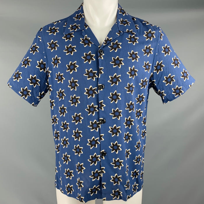 SANDRO Size M Blue Black Abstract Floral Viscose Short Sleeve Shirt