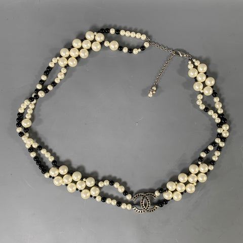 CHANEL Black White Two Tone Faux Pearl Belt