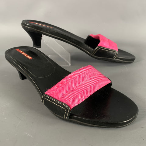 PRADA Size 8 Black Pink Nylon Mixed Materials Leather Trim Slip On Sandals