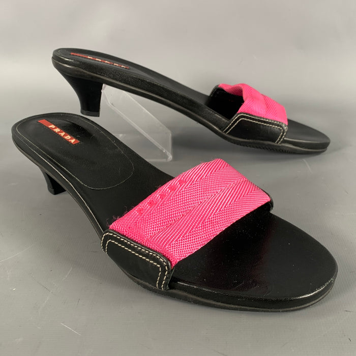 PRADA Size 8 Black Pink Nylon Mixed Materials Leather Trim Slip On Sandals