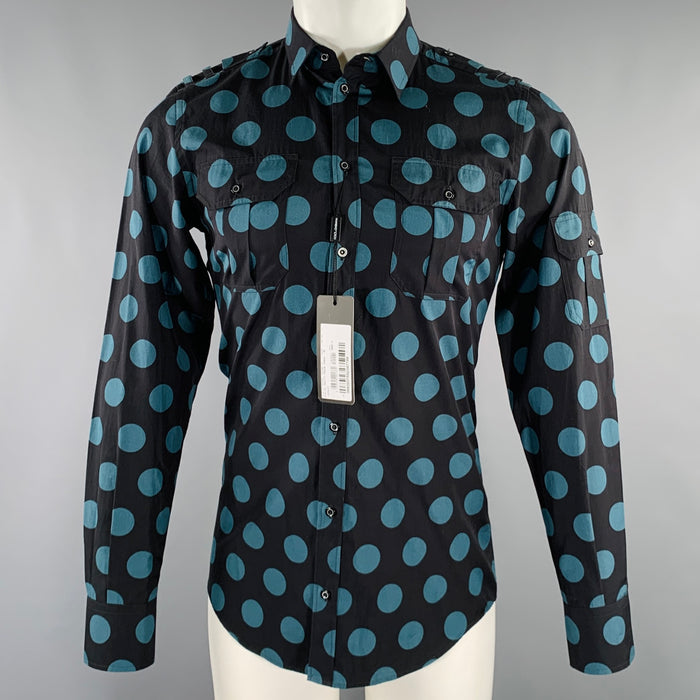DOLCE & GABBANA Size 38 Black Blue Dots Cotton Epaulettes Long Sleeve Shirt
