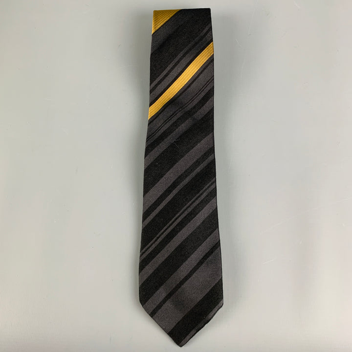 DRIES VAN NOTEN Black Gold Diagonal Stripe Silk Wool Tie