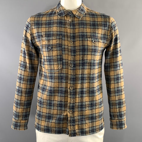 PURE BLUE JAPAN Size L Tan Blue Plaid Cotton Button Up Long Sleeve Shirt