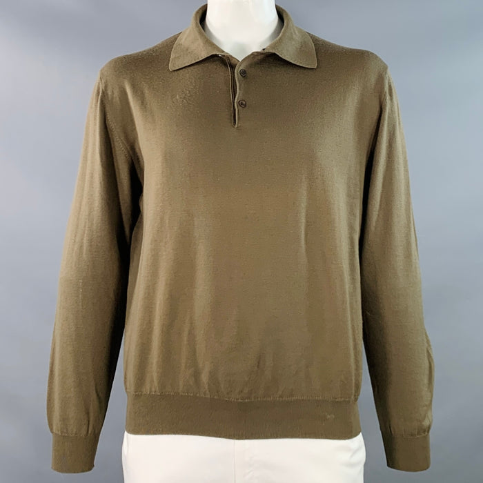 ERMENEGILDO ZEGNA Size L Khaki Wool Long Sleeve Polo Pullover