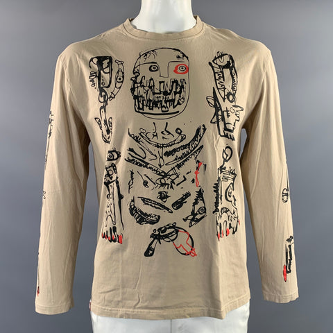CHARLES JEFFREY LOVERBOY Size L Beige Black Graphic Cotton Crew Neck Pullover