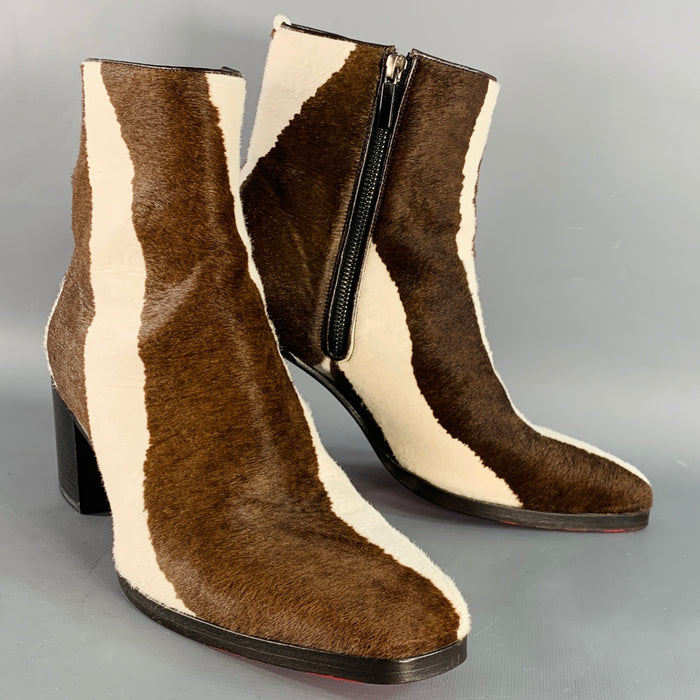 CHRISTIAN LOUBOUTIN Size 9 Brown Cream Calf Hair Zebra Side Zipper Stacked Heel Boots