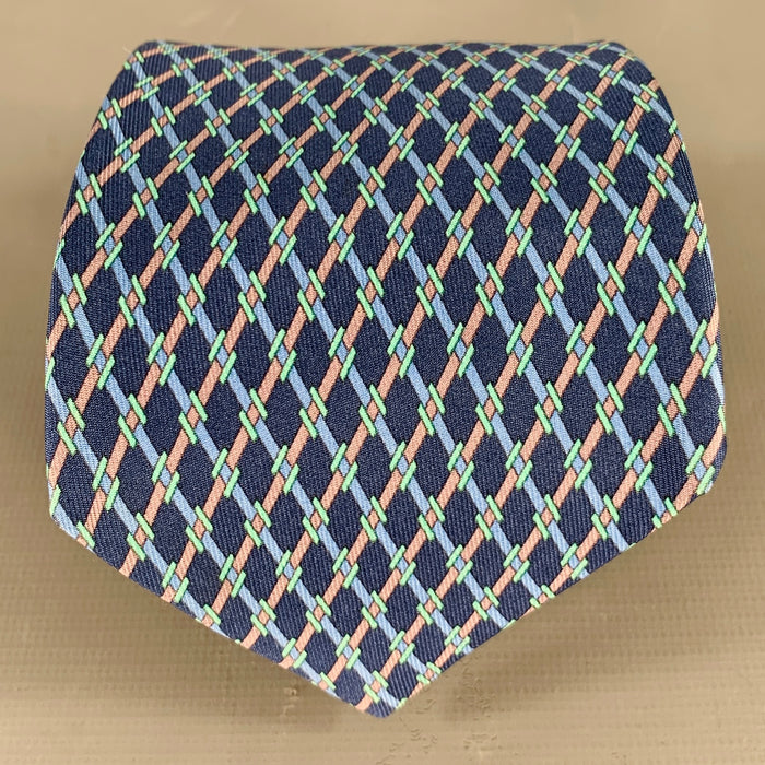 HERMES Blue Green Checkered Silk Tie