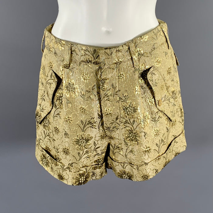 ETRO Size 2 Gold Gunmetal Silk Blend Floral Button Fly Shorts