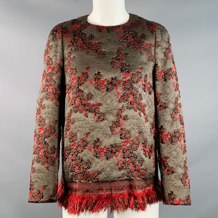DRIES VAN NOTEN Size M Brown Red Jacquard Brocade Fringed Dress Top