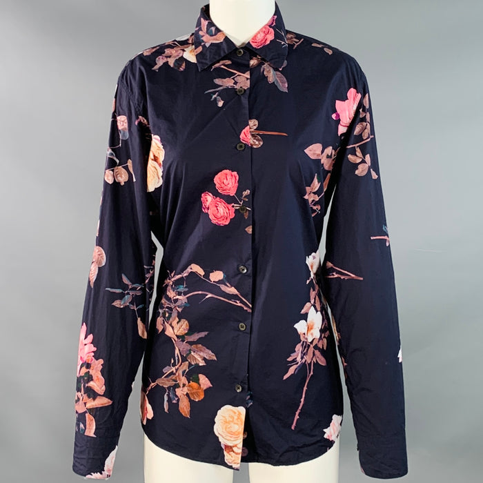 DRIES VAN NOTEN Size 2 Navy Pink Cotton Floral Spread Collar Shirt