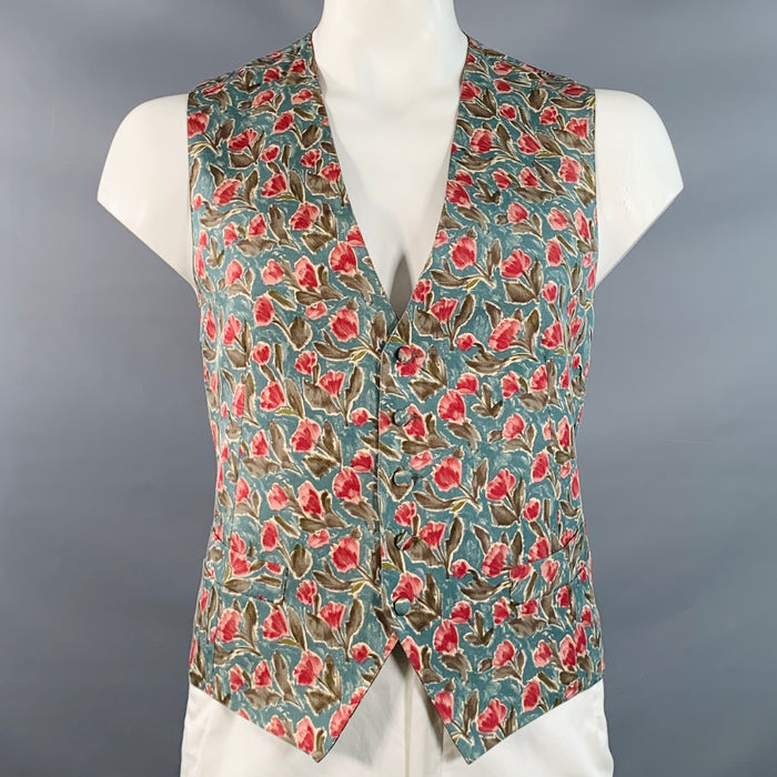 ERMENEGILDO ZEGNA Size L Blue Olive Pink Floral Silk Vest