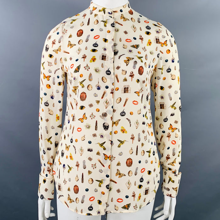 ALEXANDER MCQUEEN Size L Obsession Cream Multi Color Silk Print Collarless Blouse