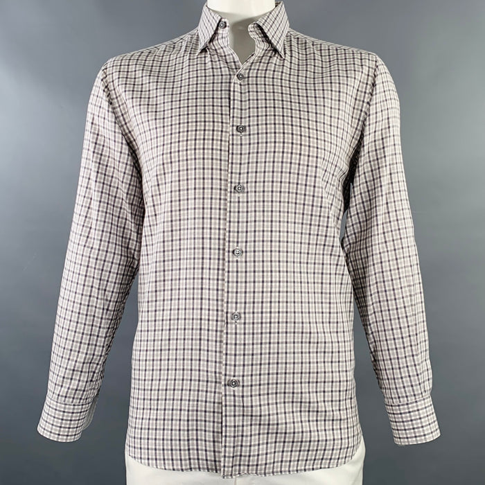 ERMENEGILDO ZEGNA Size L White Grey Checkered Cotton Long Sleeve Shirt