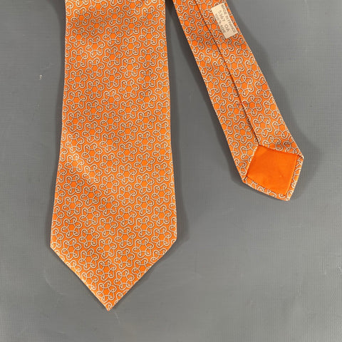 HERMES Orange White Geometric Silk Tie