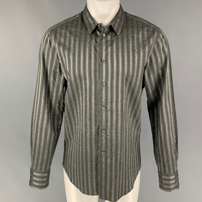 EMPORIO ARMANI Size L Grey Olive Stripe Cotton Viscose Long Sleeve Shirt