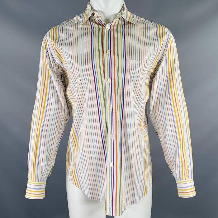 BRIONI Size M White Multi Color Stripe Cotton Button Up Long Sleeve Shirt