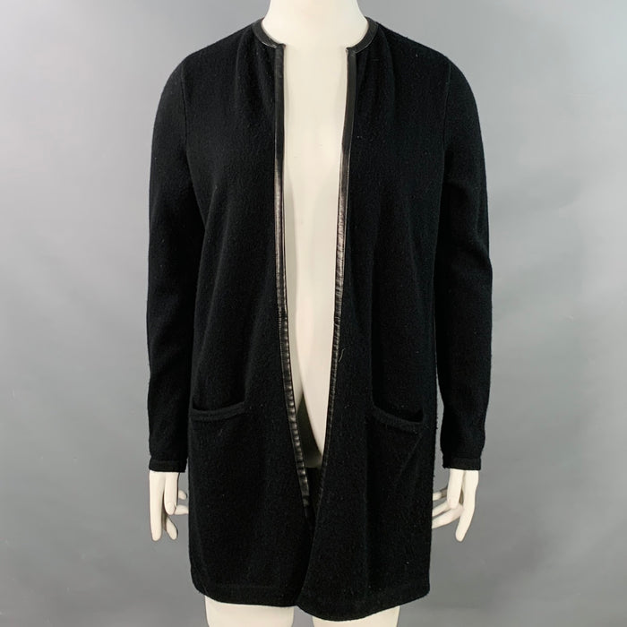 RALPH LAUREN Size L Black Cashmere Lambskin Trim Open Front Cardigan