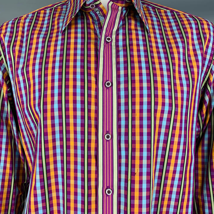 ROBERT GRAHAM Size L Purple Blue Orange Checkered Cotton Long Sleeve Shirt