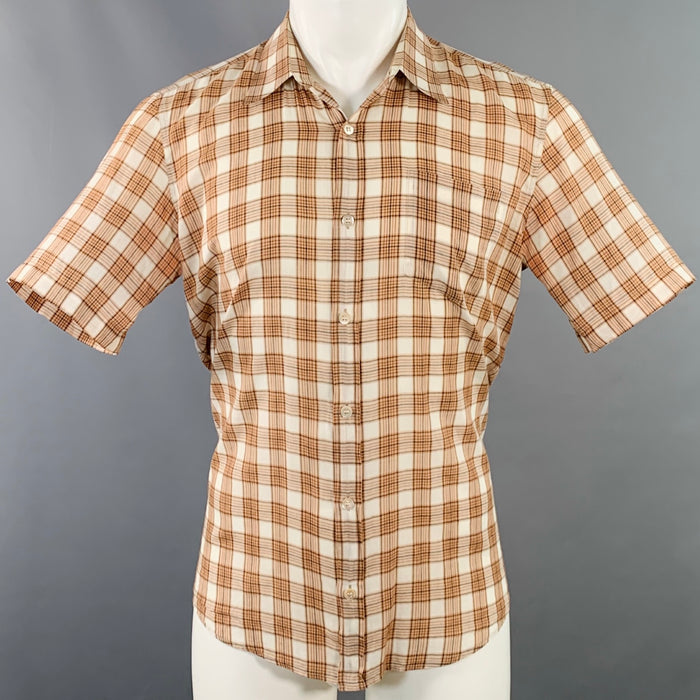 DRIES VAN NOTEN Size M Cream Brown Black Plaid Cotton Sheer Short Sleeve Shirt