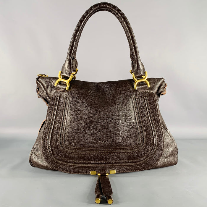 CHLOE Marcie Brown Gold Pebble Grain Leather Handbag