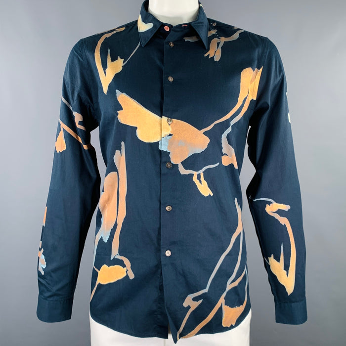 PS by PAUL SMITH Size L Navy Yellow Watercolor Cotton Long Sleeve Shirt
